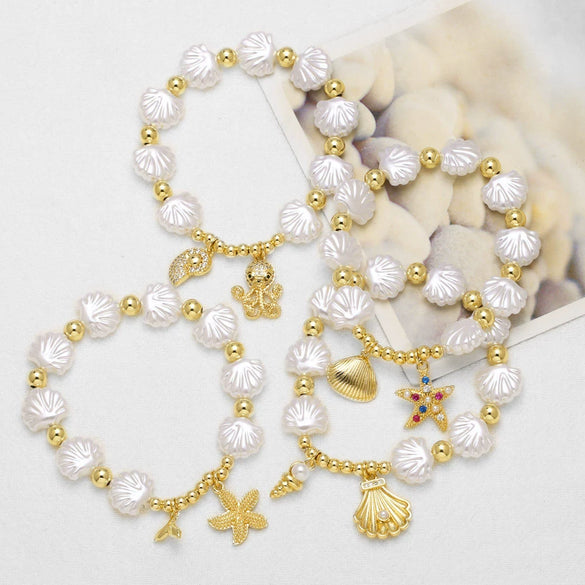 Wholesale Jewelry Beaded Shell Starfish Ocean Style Copper Goldplated Geometric Bracelet