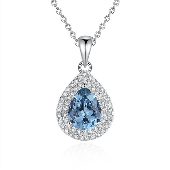 Wholesale Jewelry Blue Crystal Water Drop Pendant Necklace S925 Sterling Silver Inlaid Zircon Diamond Geometric Style For Women