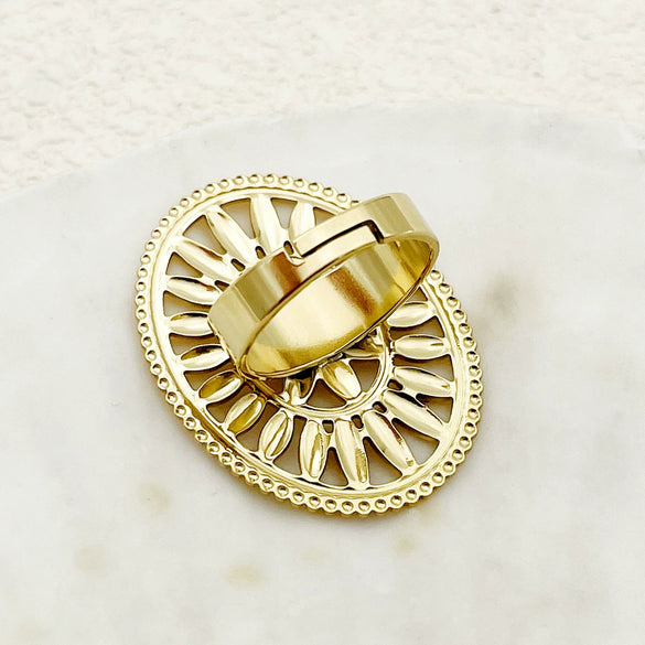 Wholesale Jewelry Bohemian Retro Oval Geometric Flower Cut Out Stainless Steel 18K Gold Plated Ring
