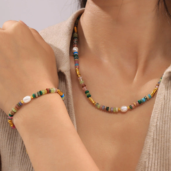 Wholesale Jewelry Bohemian Style Freshwater Pearl Natural Stone Beaded 316L Stainless Steel Necklace Bracelet Electroplated