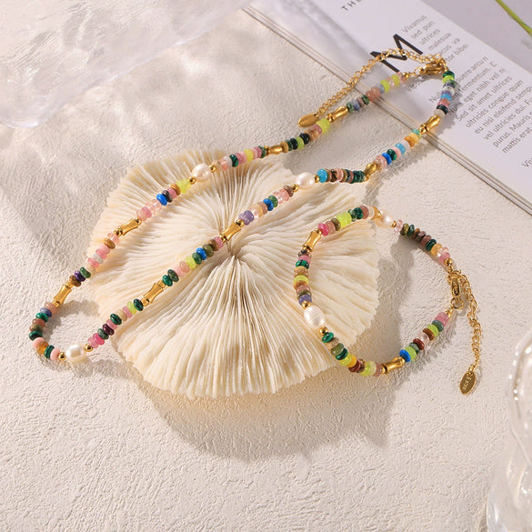 Wholesale Jewelry Bohemian Style Freshwater Pearl Natural Stone Beaded 316L Stainless Steel Necklace Bracelet Electroplated