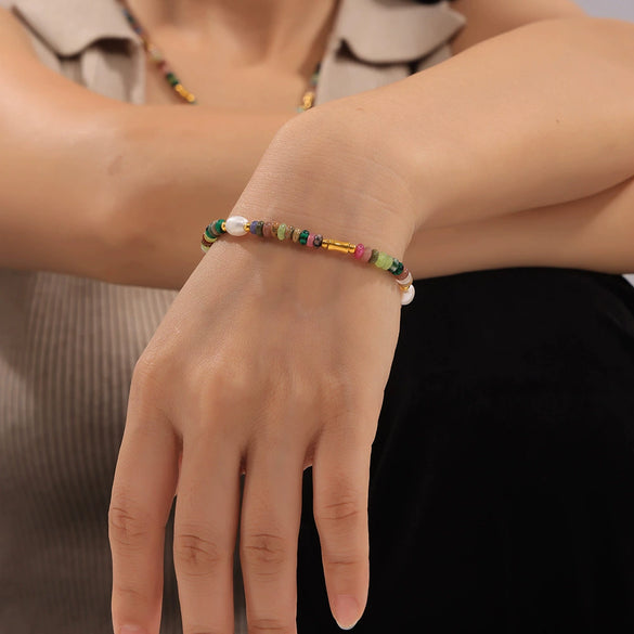 Wholesale Jewelry Bohemian Style Freshwater Pearl Natural Stone Beaded 316L Stainless Steel Necklace Bracelet Electroplated