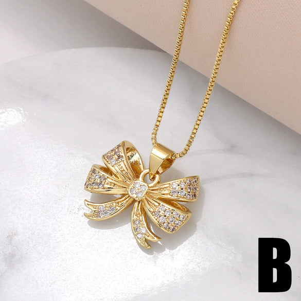 Wholesale Jewelry Bow Pendant Necklace Copper Gold Plated Women's Bamboo Chain