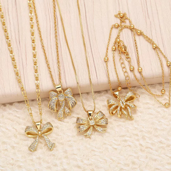 Wholesale Jewelry Bow Pendant Necklace Copper Gold Plated Women's Bamboo Chain