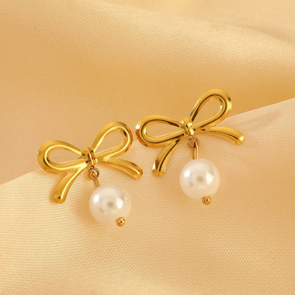 Wholesale Jewelry Bow Stainless Steel Imitation Pearls Electroplated Snake Bone Chain Earrings Bracelet Necklace Choker For Female