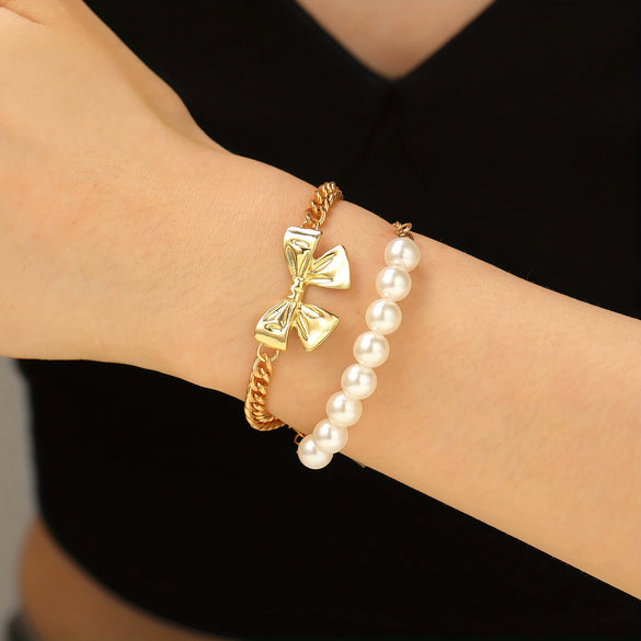 Wholesale Jewelry Bow Stainless Steel Imitation Pearls Electroplated Snake Bone Chain Earrings Bracelet Necklace Choker For Female