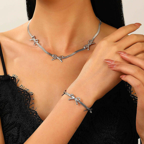 Wholesale Jewelry Bow Stainless Steel Imitation Pearls Electroplated Snake Bone Chain Earrings Bracelet Necklace Choker For Female