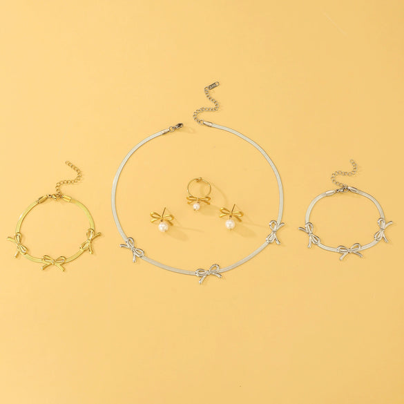 Wholesale Jewelry Bow Stainless Steel Imitation Pearls Electroplated Snake Bone Chain Earrings Bracelet Necklace Choker For Female