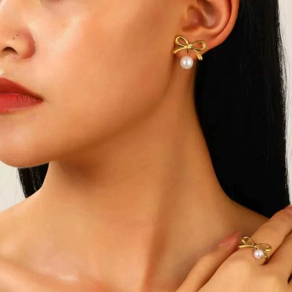 Wholesale Jewelry Bow Stainless Steel Imitation Pearls Electroplated Snake Bone Chain Earrings Bracelet Necklace Choker For Female