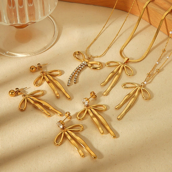 Wholesale Jewelry Bow Style 18K Gold And Stainless Steel Electroplated Earrings For Girls