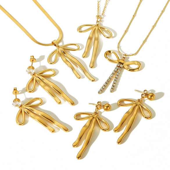 Wholesale Jewelry Bow Style 18K Gold And Stainless Steel Electroplated Earrings For Girls