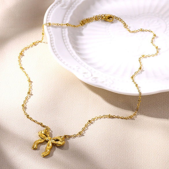 Wholesale Jewelry Bowknot Stainless Steel Gold Plated Necklace Bracelet Set