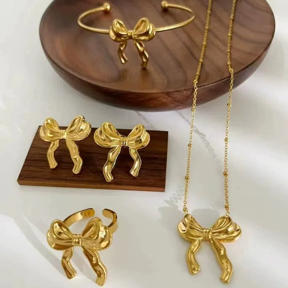 Wholesale Jewelry Bowknot Stainless Steel Gold Plated Necklace Bracelet Set