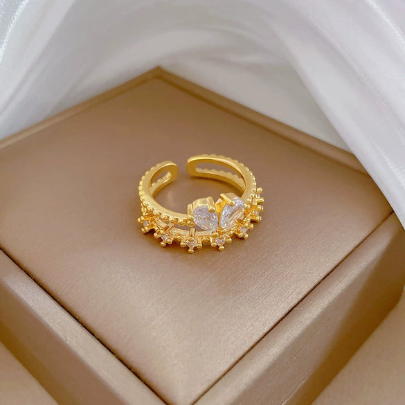Wholesale Jewelry Brass Crown Butterfly Zircon Electroplating Ring Casual Cartoon Style