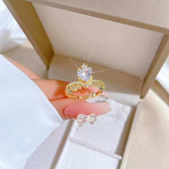 Wholesale Jewelry Brass Crown Love Diamond Ring Electroplating Cartoon Style For Women