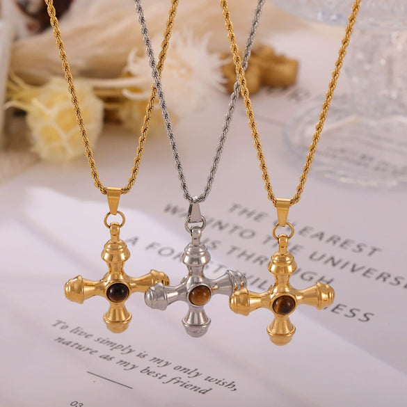 Wholesale Jewelry British Retro Style Cross Inlaid Tiger Eye Stone 316L Stainless Steel Electroplated Pendant Necklace For Women