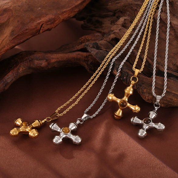 Wholesale Jewelry British Retro Style Cross Inlaid Tiger Eye Stone 316L Stainless Steel Electroplated Pendant Necklace For Women