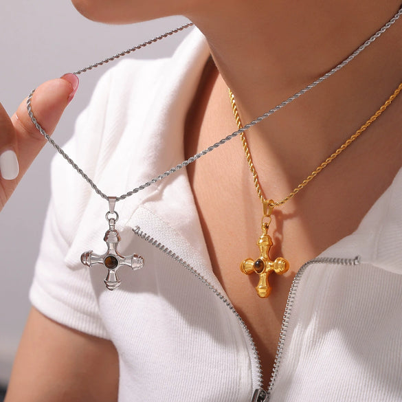 Wholesale Jewelry British Retro Style Cross Inlaid Tiger Eye Stone 316L Stainless Steel Electroplated Pendant Necklace For Women