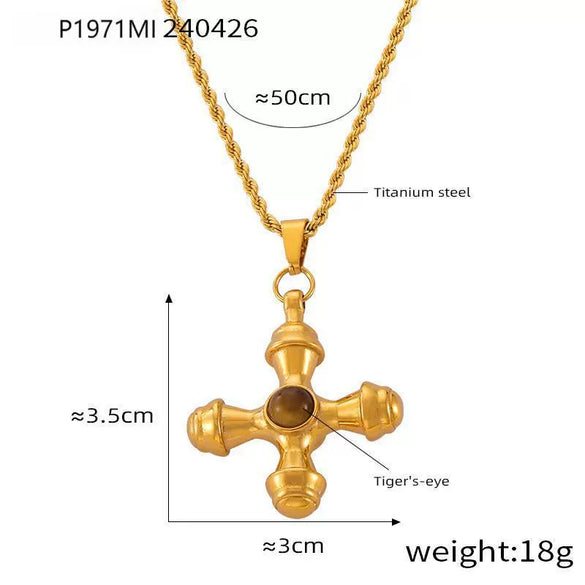 Wholesale Jewelry British Retro Style Cross Inlaid Tiger Eye Stone 316L Stainless Steel Electroplated Pendant Necklace For Women