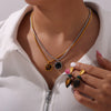 Wholesale Jewelry British Retro Style 316L Stainless Steel Inlaid Tiger's Eye Square Pendant With Love Pattern Electroplated Earrings And Necklace Set
