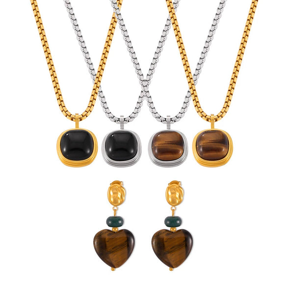 Wholesale Jewelry British Retro Style 316L Stainless Steel Inlaid Tiger's Eye Square Pendant With Love Pattern Electroplated Earrings And Necklace Set