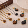 Wholesale Jewelry British Retro Style 316L Stainless Steel Inlaid Tiger's Eye Square Pendant With Love Pattern Electroplated Earrings And Necklace Set