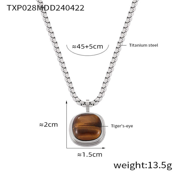 Wholesale Jewelry British Retro Style 316L Stainless Steel Inlaid Tiger's Eye Square Pendant With Love Pattern Electroplated Earrings And Necklace Set