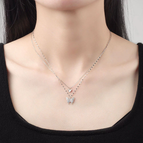 Wholesale Jewelry Butterfly Double Layer S925 Sterling Silver Clavicle Chain With Electroplating