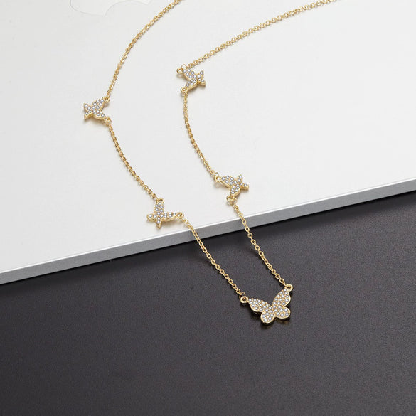 Wholesale Jewelry Butterfly Element Ecofriendly Brass Plated With Real Gold And Zircon Clavicle Chain