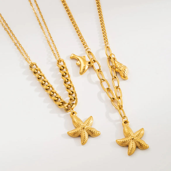 Wholesale Jewelry Casual Beach Starfish Conch Dolphin 304 Stainless Steel Pendant Necklace
