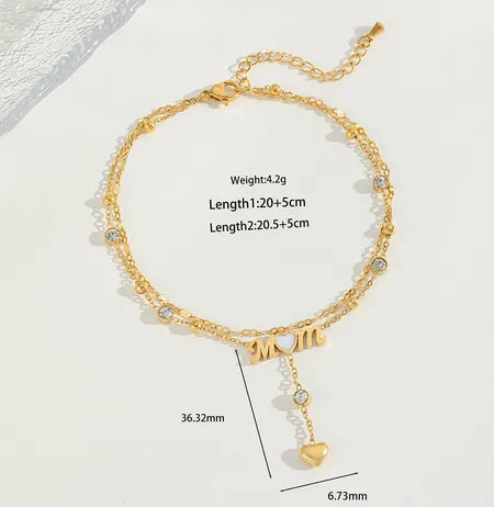 Wholesale Jewelry Casual Cute Sweet Letter Heart Shape 304 Stainless Steel Acrylic Imitation Pearl Zircon 18K Gold Plated Plating Inlay Anklet