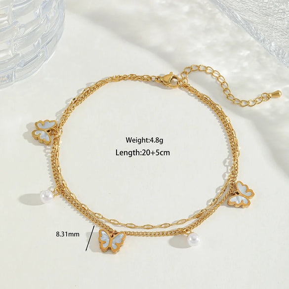 Wholesale Jewelry Casual Elegant Cute Heart Shape Butterfly 304 Stainless Steel Acrylic Imitation Pearl Zircon 18K Gold Plated Plating Inlay Anklet