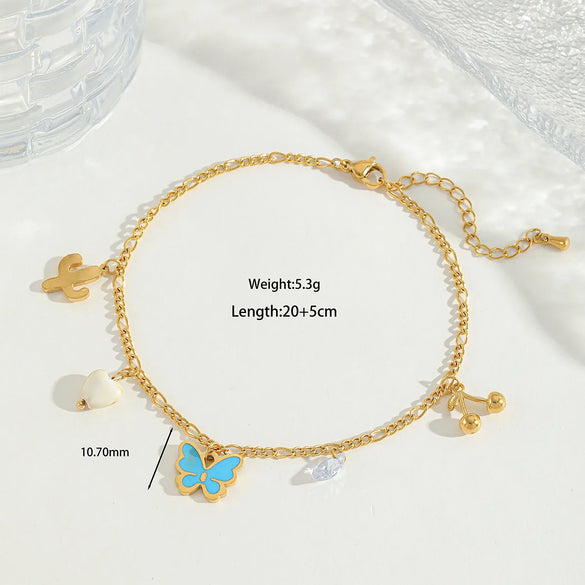 Wholesale Jewelry Casual Elegant Cute Heart Shape Butterfly 304 Stainless Steel Acrylic Imitation Pearl Zircon 18K Gold Plated Plating Inlay Anklet