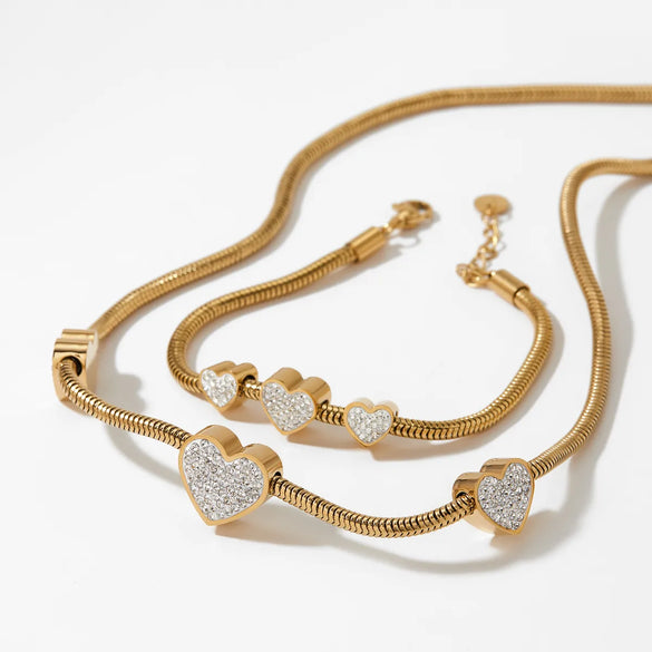Wholesale Jewelry Casual Modern Style Heart Shape 304 Stainless Steel Zircon 16K Gold Plated White Gold Plated Gold Plated Inlay Bracelets Necklace