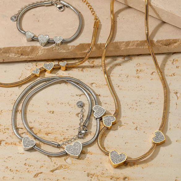Wholesale Jewelry Casual Modern Style Heart Shape 304 Stainless Steel Zircon 16K Gold Plated White Gold Plated Gold Plated Inlay Bracelets Necklace