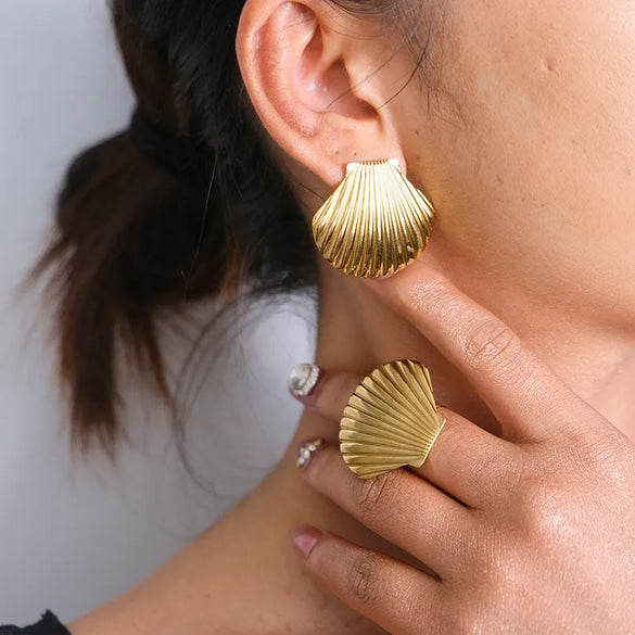 Wholesale Jewelry Casual Tropical Shell 304 Stainless Steel 14K Gold Plated Plating Rings Earrings