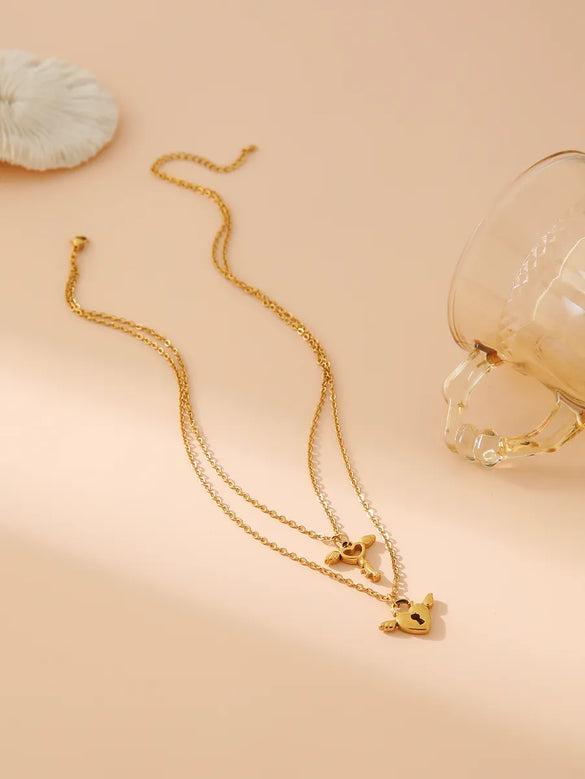 Wholesale Jewelry Casual Vintage Style Artistic Wings Key Lock 304 Stainless Steel 18K Gold Plated Hollow Out Double Layer Necklaces