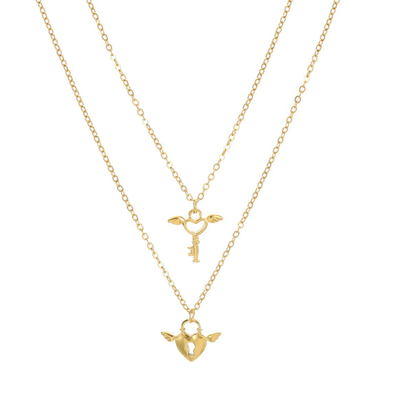 Wholesale Jewelry Casual Vintage Style Artistic Wings Key Lock 304 Stainless Steel 18K Gold Plated Hollow Out Double Layer Necklaces