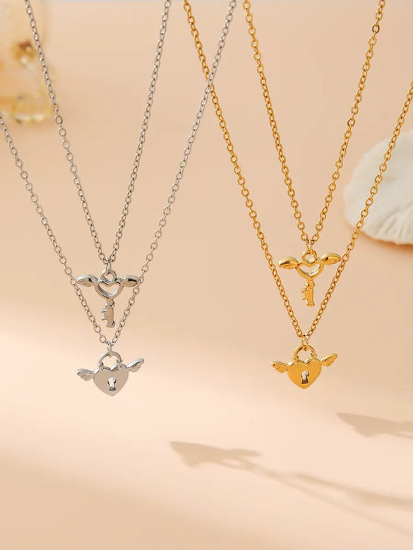 Wholesale Jewelry Casual Vintage Style Artistic Wings Key Lock 304 Stainless Steel 18K Gold Plated Hollow Out Double Layer Necklaces