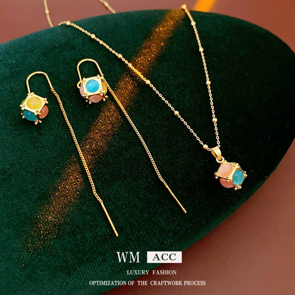 Wholesale Jewelry Cat's Eye Stone Copper Electroplated Heart Water Drop Bell Shaped Necklace And Earrings Set Highend Style