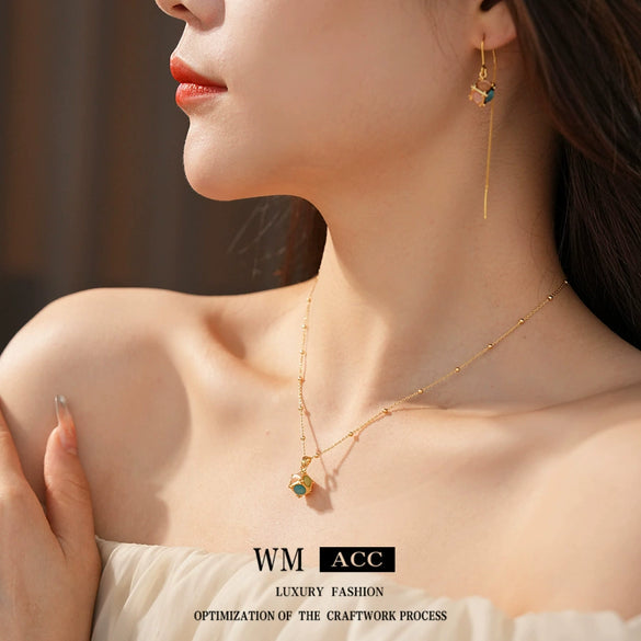 Wholesale Jewelry Cat's Eye Stone Copper Electroplated Heart Water Drop Bell Shaped Necklace And Earrings Set Highend Style