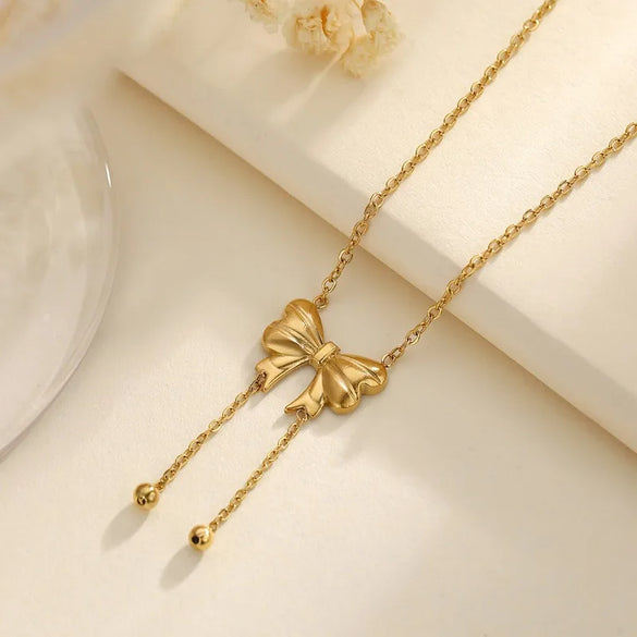 Wholesale Jewelry Classical Romantic Pastoral Bow Knot 304 Stainless Steel Pendant Necklace