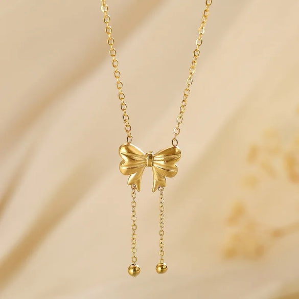 Wholesale Jewelry Classical Romantic Pastoral Bow Knot 304 Stainless Steel Pendant Necklace