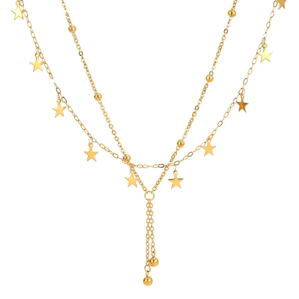 Wholesale Jewelry Classical Romantic Star 304 Stainless Steel 18K Gold Plated Chain Double Layer Necklaces