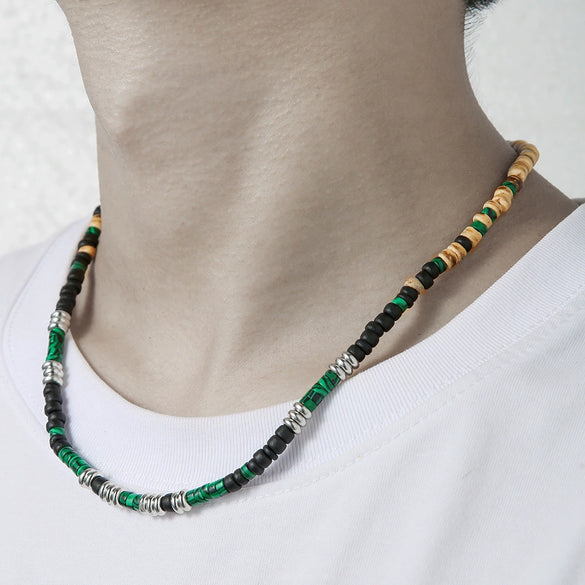 Wholesale Jewelry Coconut Shell Green Peacock Stone Handmade Geometric Style Necklace Unisex