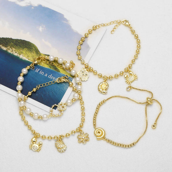Wholesale Jewelry Conch Crab Pendant Beaded Bracelet Copper Electroplated Simple Style Unisex Women's