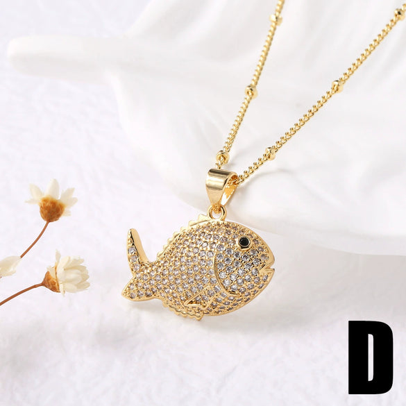 Wholesale Jewelry Copper Animal Zodiac Geometric Small Fish And Shrimp Necklace Clavicle Chain Electroplated