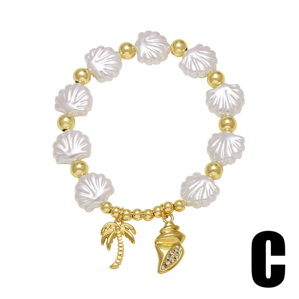 Wholesale Jewelry Copper Beaded Shell Heart Starfish Pendant Gold Plated Bracelet With Star Pattern
