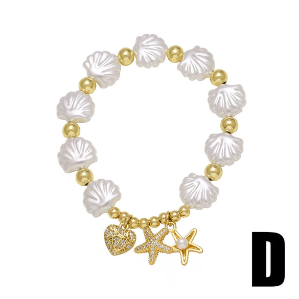 Wholesale Jewelry Copper Beaded Shell Heart Starfish Pendant Gold Plated Bracelet With Star Pattern