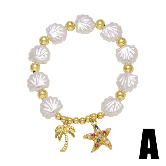 Wholesale Jewelry Copper Beaded Shell Heart Starfish Pendant Gold Plated Bracelet With Star Pattern